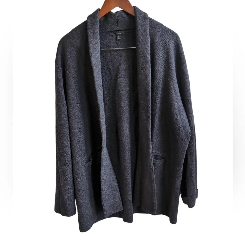 J Crew Dark Grey Merino Wool Cotton Blend Heavy Open Front Cardigan Size XL
